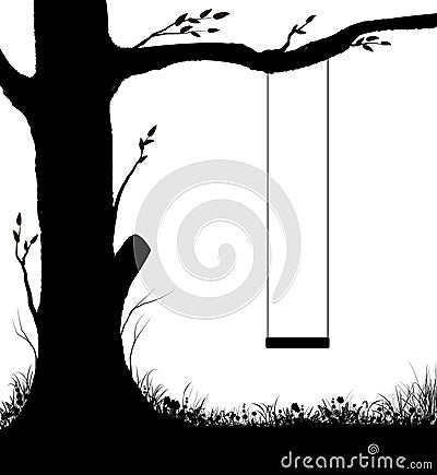 Swing on tree, childhood memories in summer day, piece of childhood, , black and white, Vector Illustration