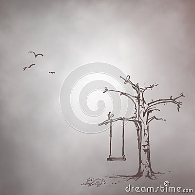 A swing tree, a doll left on the ground and birds. Cartoon Illustration