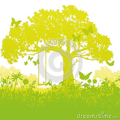 Swing tree in the enchanted garden Vector Illustration