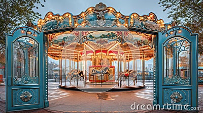 a swinging carousel fair ride in amusement park at sunset.Generative Ai Stock Photo
