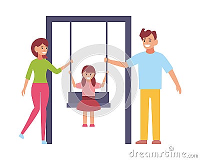 Swinging child on a swing. Parents rock the baby. Vector flat style isolated illustration Vector Illustration