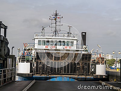 Bielik-type ferry operating across Swina river, Swinoujscie, Poland Editorial Stock Photo