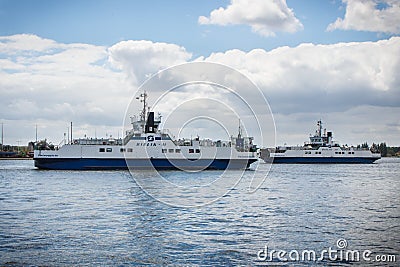 Swinoujscie, West Pomeranian - Poland - June 13, 2021: View on Bielik II and III ferry using to transport passengers and cars. Editorial Stock Photo