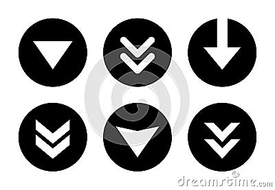 Swipe down arrow button icon set on black circle. Scroll button vector Vector Illustration