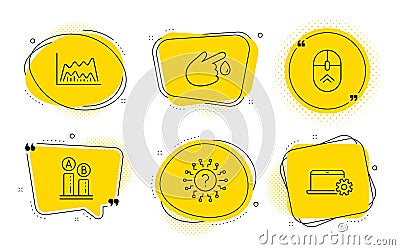 Swipe up, Blood donation and Ab testing icons set. Question mark, Trade chart and Notebook service signs. Vector Vector Illustration