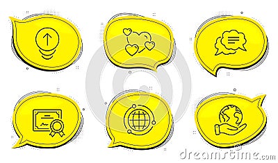 Swipe up, Heart and Globe icons set. Text message sign. Scrolling page, Love rating, Internet world. Vector Vector Illustration
