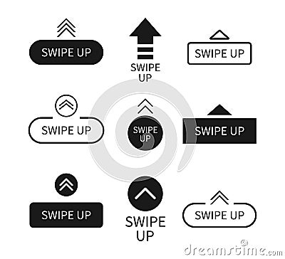 Swipe up icon. Arrows with buttons. Slide in story. Logos for scroll and drag in social media app. UI for action in internet. Vector Illustration