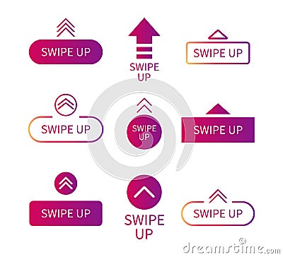 Swipe up icon. Drag arrow for scroll of story. Button for action in social media. Gradient logo with sign. Design mockup for app, Vector Illustration