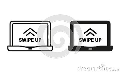 Swipe Up in Laptop Line and Silhouette Icon Set. Gesture on Computer Touch Screen Pictogram. Drag on Digital Device App Vector Illustration