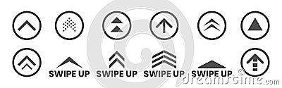 Swipe up set. Social media icons on white background. Black application buttons. Arrows and circles templates. Scroll Vector Illustration