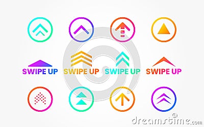 Swipe up set on white backdrop. Icons for social media or application. Colorful buttons collection. Color arrows and Vector Illustration