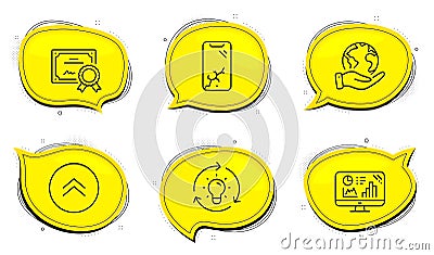 Swipe up, Smartphone broken and Idea icons set. Analytics graph sign. Scroll screen, Phone crash, Lightbulb. Vector Vector Illustration