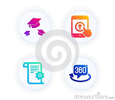 Swipe up, Throw hats and Technical documentation icons set. 360 degree sign. Vector Vector Illustration