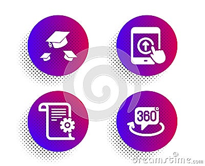 Swipe up, Throw hats and Technical documentation icons set. 360 degree sign. Vector Vector Illustration