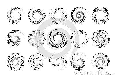 Swirl dotted halftone icons. Vortex digital futuristic logos set. Vector geometric shapes Vector Illustration