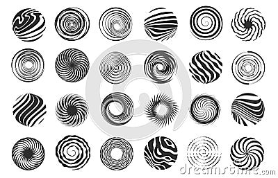 Swirl figure. Spiral abstract movement and hypnotic vortex, whirl and vortex dynamic icon design. Vector tornado spiral icons set Vector Illustration