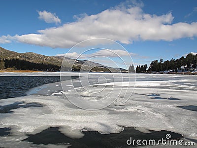 A Swirl of Ice Over Big Bear Lake, California. Stock Photo