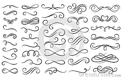 Swirl ornament stroke. Ornamental curls, swirls divider and filigree ornaments vector illustration set Vector Illustration