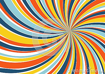 Swirl rays background. 1970s style. Spiral striped design with retro colors palette Vector Illustration