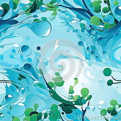 Swirling blue background with water drops and tree leaves (tiled) Stock Photo