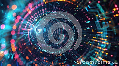 Swirling data patterns in neon glow, symbolizing neural network flow on a dark background. Big data visualization Stock Photo