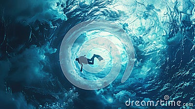 Swirling data streams and digital creatures form an ocean where a diver explores the vast, unknown depths of data. Big Stock Photo