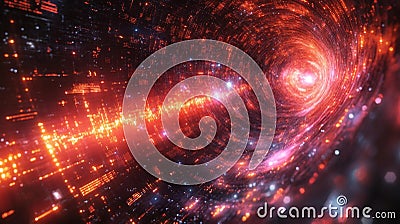 A swirling digital matrix with quantum data streams and vibrant cosmic elements flowing in a futuristic space setting Stock Photo
