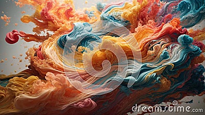 A Swirling Liquid Cloud Colour Paint, Paint Drip, In The Style Of Triple Exposure Photography. Vibrant, Striking Colours. Stock Photo