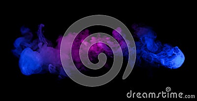 Swirling neon blue and purple multicolored smoke puff cloud design element isolated on black Stock Photo