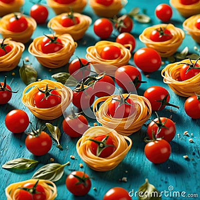 Swirling pasta twists with cherry tomatoes, dynamic food photography Stock Photo