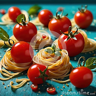 Swirling pasta twists with cherry tomatoes, dynamic food photography Stock Photo