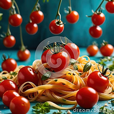 Swirling pasta twists with cherry tomatoes, dynamic food photography Stock Photo