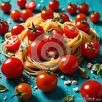 Swirling pasta twists with cherry tomatoes, dynamic food photography Stock Photo