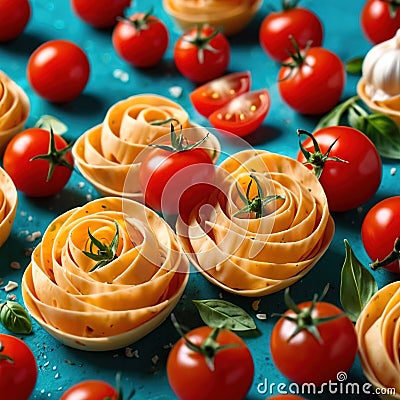 Swirling pasta twists with cherry tomatoes, dynamic food photography Stock Photo