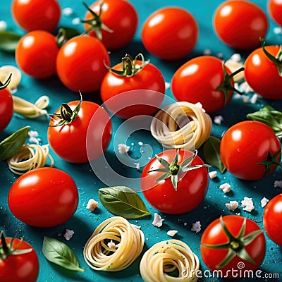 Swirling pasta twists with cherry tomatoes, dynamic food photography Stock Photo