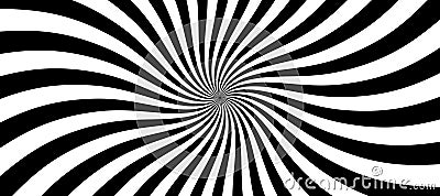 Swirling radial psychedelic background. Groovy vortex spiral twirl. Twirl sunburst pattern. Black and white lollipop Vector Illustration