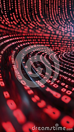 Abstract Digital Data Stream A mesmerizing visual representation of swirling red numerical code flowing through a dark conduit, Stock Photo