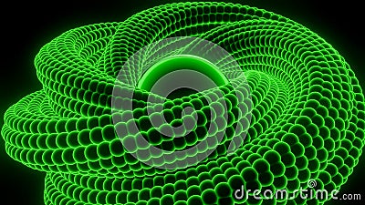 Swirling spiral around sphere. Design. 3D cord twists endlessly into center. Neon spiral swirls around sphere. 3D spiral Stock Photo