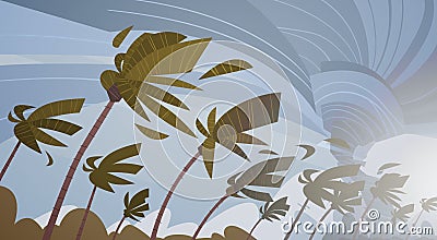 Swirling Tornado In Sky Over Palm Trees Hurricane Huge Wind Storm Tropical Natural Disaster Concept Vector Illustration