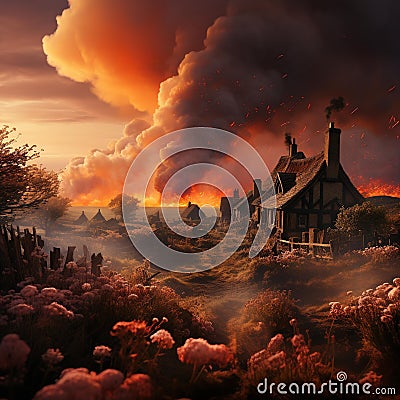 A swirling vortex of smoke and ash in the air, with dark clouds looming overhead. Stock Photo