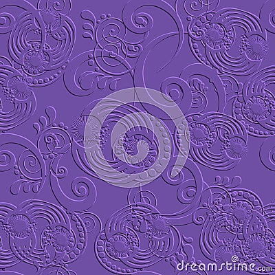 Swirls and spiral circles 3d emboss seamless pattern. Textured violet vector background. Abstract embossed 3d spirals, curves, Vector Illustration