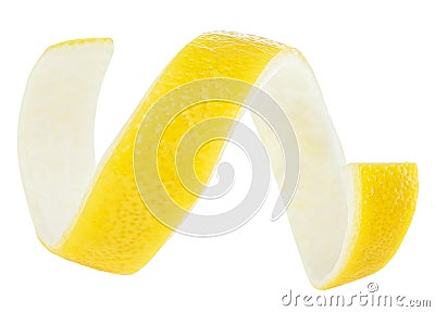 Swirly lemon peel curl isolated on white background. Fresh lemon zest. Healthy food Stock Photo