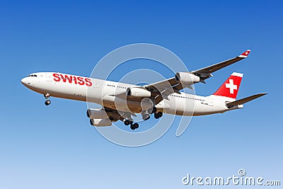 Swiss Airbus A340-300 airplane Palma de Mallorca airport in Spain Editorial Stock Photo