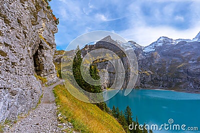 Swiss Alps, Kandersteg, Lake Oeschinensee, Bernese Oberland, Europe. Stock Photo