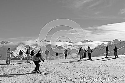 Swiss Alps: Skiing above Davos City on Parsenn Mountains Editorial Stock Photo