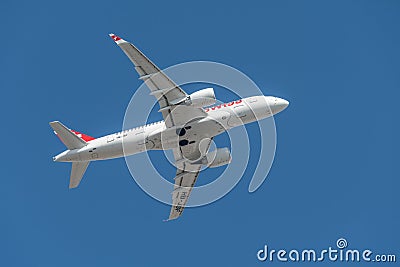 Swiss Bombardier CSeries CS100 with the aircraft registration number HB-JBF during take off on the southern runway 08R of the Editorial Stock Photo