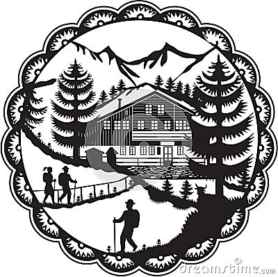 Swiss Chalet Alpine Hiker Decoupage Vector Illustration