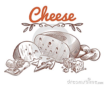 Swiss cheese sketch. Drawing vintage art ingredients for recipe with sliced cheddar and dairy gouda vector isolated Vector Illustration