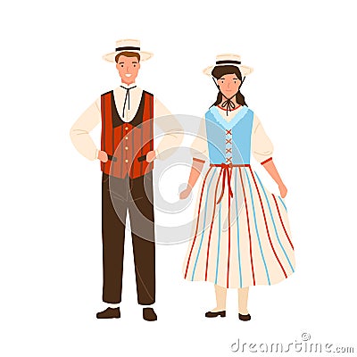 Swiss couple wearing traditional striped costumes. Man in national folk waistcoat and hat. Woman in dress with corset Vector Illustration