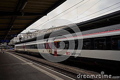 Swiss Federal Railways train waiting in the station in Switzerland Editorial Stock Photo